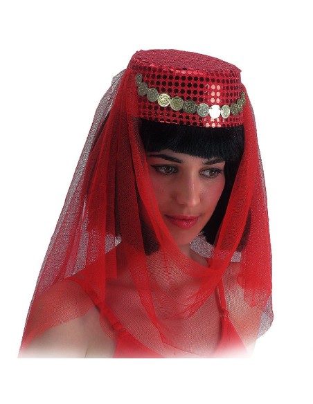 Cappello odalisca rosso con paillettes e velo per costume orientale donna