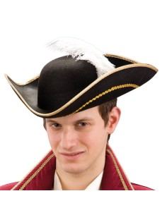 Tricorno veneziano nero con passamaneria oro e piuma bianca per costume d'epoca