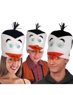 Cappello pinguino in pile bianco e nero con becco arancione per travestimenti e feste a tema