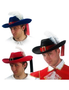 Cappelli moschettiere feltro blu nero rosso con piuma bianca e fibbia dorata costume storico