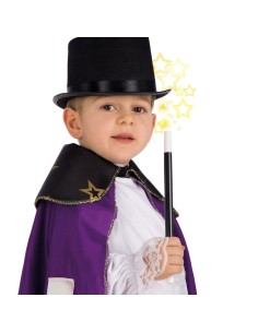 Bambino con bacchetta magica da mago, cappello nero e mantello viola per costume Halloween