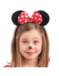 Cerchietto topolina con orecchie nere e fiocco rosso a pois bianchi indossato da bambina