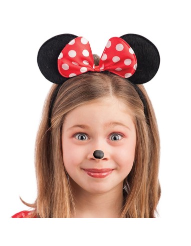 Cerchietto topolina con orecchie nere e fiocco rosso a pois bianchi indossato da bambina
