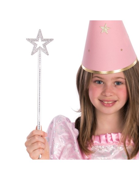 Bacchetta magica da fata con stella argentata scintillante tenuta da bambina in costume rosa