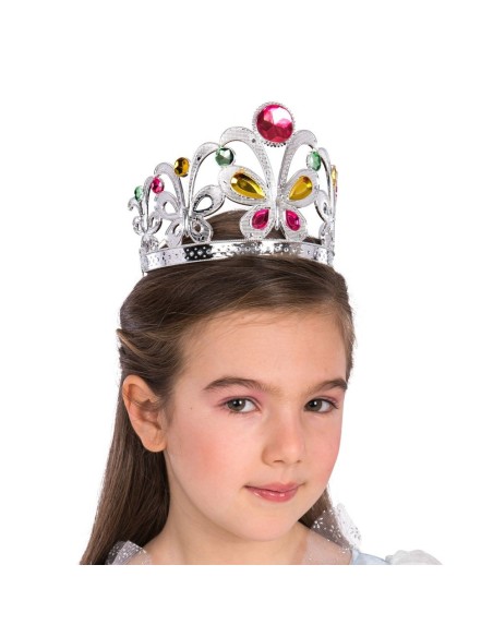 Coroncina argento con farfalla centrale e gemme colorate per costume da principessa bambina