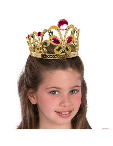 Coroncina dorata con farfalle e gemme rosse indossata da bambina per costume principessa