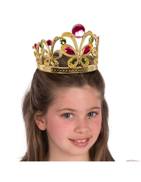 Coroncina dorata con farfalle e gemme rosse indossata da bambina per costume principessa