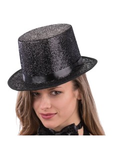 Tuba nera brillante in lurex con fascia decorativa per costumi eleganti e spettacoli teatrali