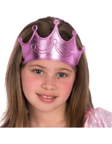 Coroncina rosa metallizzata con elastico indossata da bambina per costume principessa