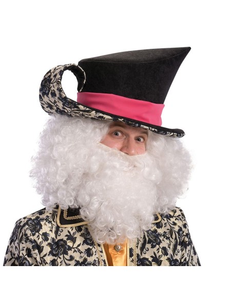 Cappello damascato nero con fascia rosa e decorazioni elaborate per costumi d'epoca e teatro