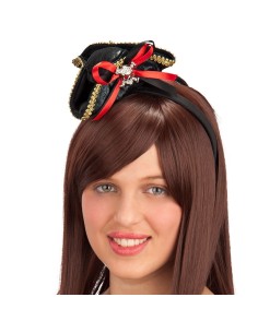 Mini cappello tricorno da piratessa nero con teschio metallico su cerchietto per costume