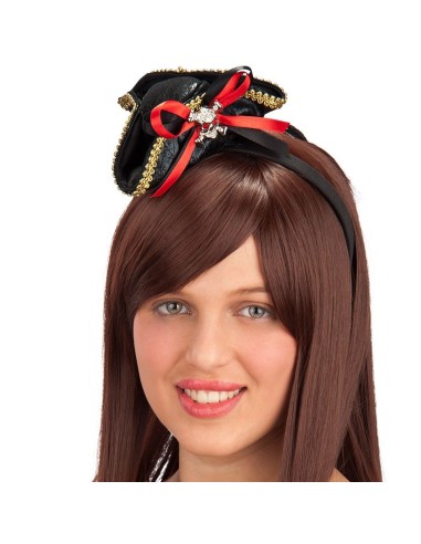Mini cappello tricorno da piratessa nero con teschio metallico su cerchietto per costume