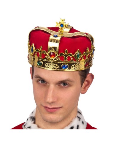 Corona da Re lusso in velluto rosso con decorazioni oro e gemme colorate per costume medievale