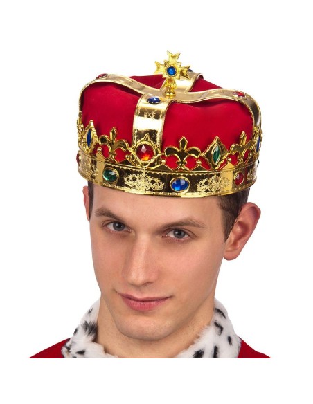 Corona da Re lusso in velluto rosso con decorazioni oro e gemme colorate per costume medievale