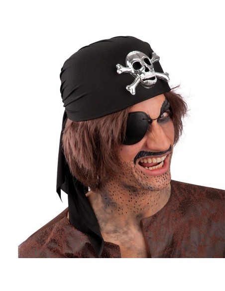 Bandana pirata nera con teschio bianco e tibie incrociate per costume corsaro Halloween
