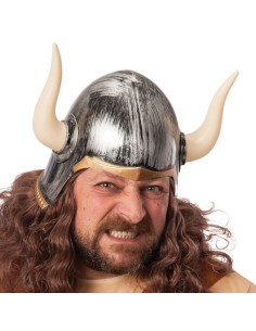 Elmo vichingo argentato con corna bianche e protezione posteriore per costumi medievali