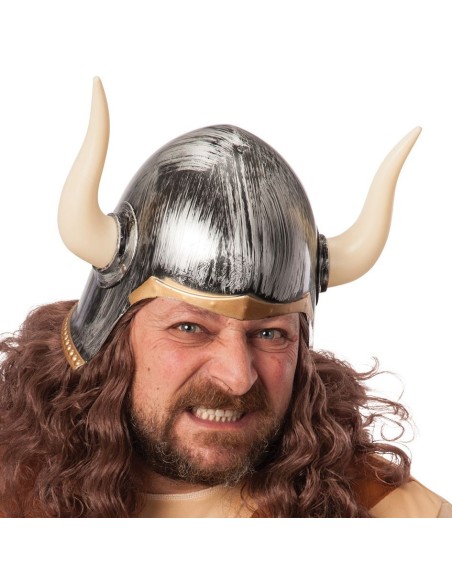 Elmo vichingo argentato con corna bianche e protezione posteriore per costumi medievali
