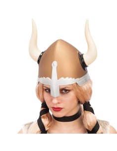 Elmo vichingo bronzo con corna bianche e protezione nasale per costume medievale