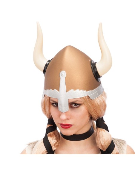 Elmo vichingo bronzo con corna bianche e protezione nasale per costume medievale