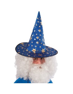Cappello da mago blu con stelline dorate indossato con barba bianca per costume Halloween