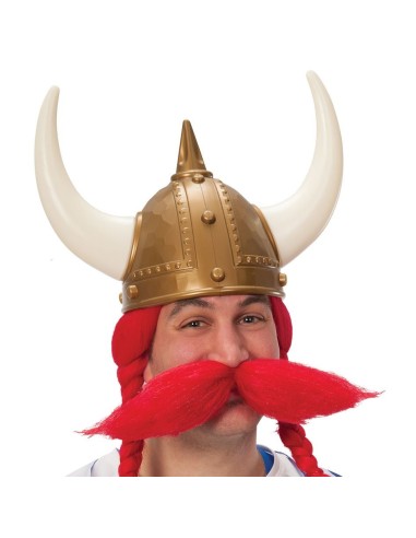 Elmo vichingo dorato con corne bianche e baffi rossi per costume medievale Halloween