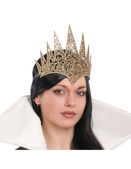 Corona regina dorata in tessuto intagliato con decorazioni elaborate e punte multiple per costumi
