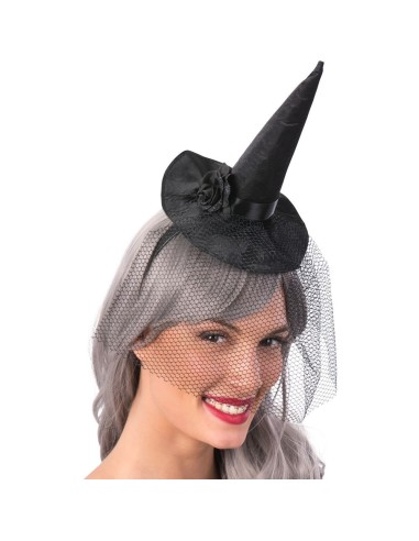 Cappellino strega nero in raso con veletta e rosa decorativa su cerchietto per Halloween e feste a tema