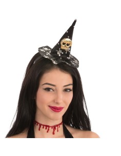 Cappellino strega nero in raso con teschio e cerchietto per costume Halloween donna