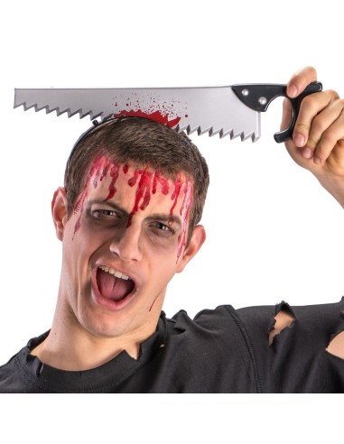 Cerchietto Halloween con sega insanguinata effetto spaccatesta accessorio horror per feste