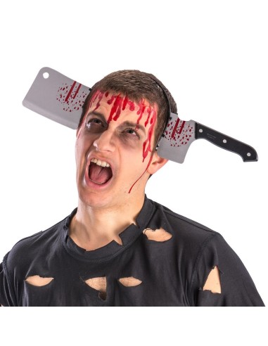 Cerchietto con mannaia insanguinata accessorio horror Halloween effetto spaccatesta