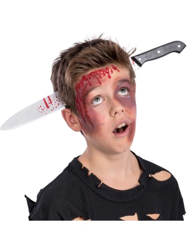 Cerchietto Halloween con coltello finto e effetto sangue per costume horror spaventoso