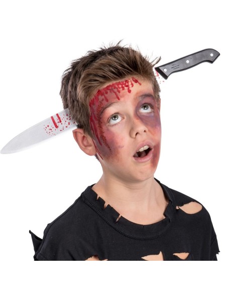 Cerchietto Halloween con coltello finto e effetto sangue per costume horror spaventoso