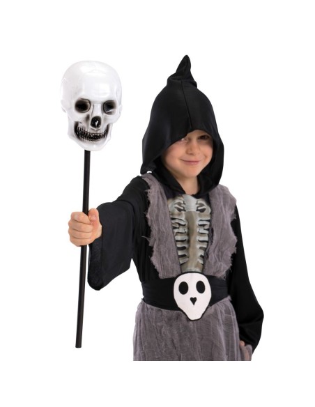 Scettro lungo 55 cm con teschio bianco su asta nera per costumi Halloween horror accessorio dark