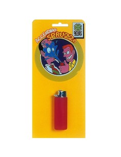 Accendino scherzo rosso con spruzzo d'acqua su confezione gialla, gadget divertente per feste