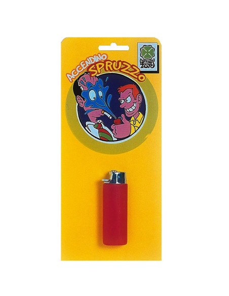 Accendino scherzo rosso con spruzzo d'acqua su confezione gialla, gadget divertente per feste