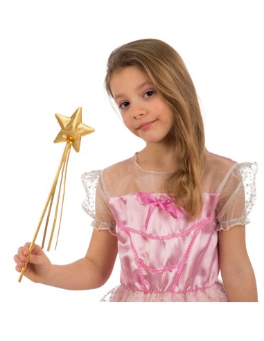 Bambina con bacchetta magica dorata da fata stella oro costume fiabesco principessa
