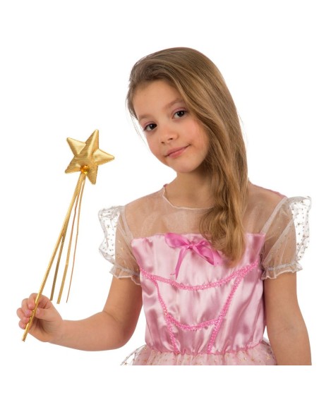 Bambina con bacchetta magica dorata da fata stella oro costume fiabesco principessa