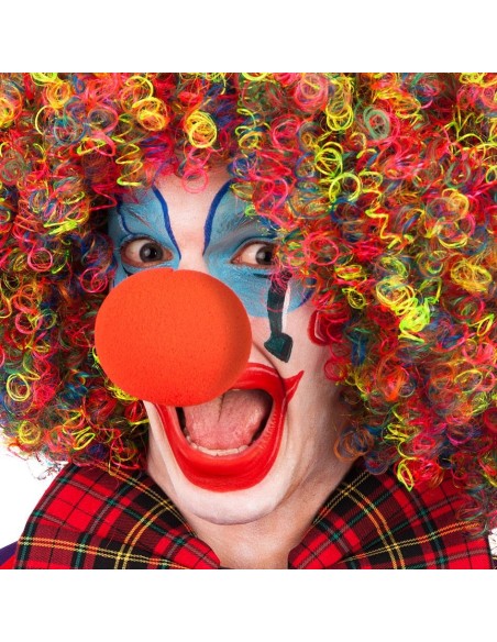 Naso clown rosso in spugna con parrucca colorata per costume carnevale circo