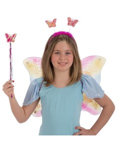 Bambina con costume farfalla arcobaleno: ali multicolore, cerchietto e bacchetta per feste