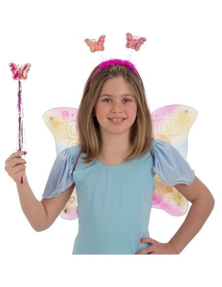 Bambina con costume farfalla arcobaleno: ali multicolore, cerchietto e bacchetta per feste