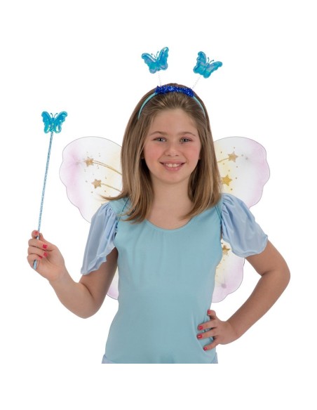 Set costume farfalla bambina con ali multicolore, cerchietto azzurro e bacchetta per feste