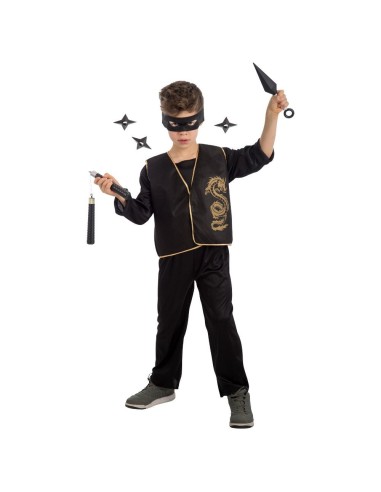 Set costume ninja bambino con gilet nero, maschera e armi giocattolo per Halloween