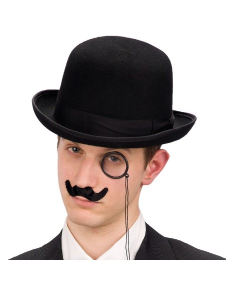 Monocolo con catenella e baffi neri per costume da gentiluomo vittoriano