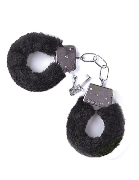 Manette peluche nere con rivestimento morbido e chiavi metalliche per giochi adulti