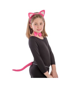 Bambina con set gattina rosa: cerchietto orecchie, papillon e coda per costume di Carnevale