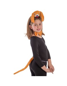 Bambina con set costume cagnolino: cerchietto orecchie, coda arancione e papillon per feste bambini