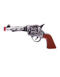 Pistola cowboy decorativa argento e legno marrone lunga 21 cm per costumi western