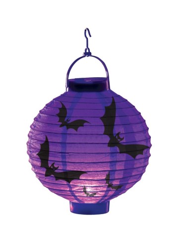 Lanterna viola illuminata con pipistrelli neri decorativa per Halloween diametro 20 cm