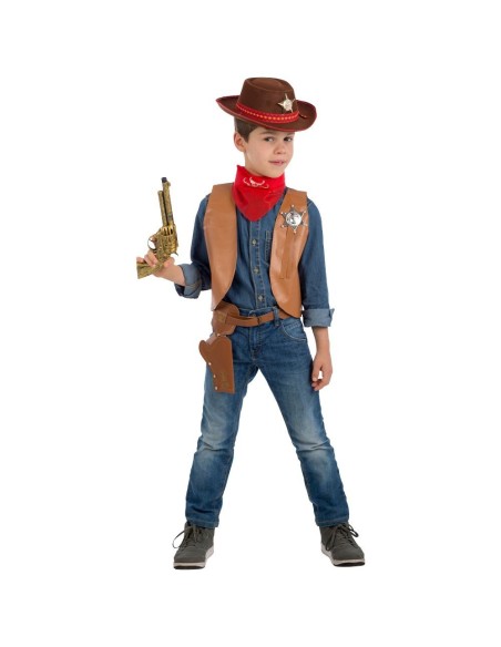 Set costume cowboy bambino con gilet marrone, pistola giocattolo, bandana rossa e cintura con fondina