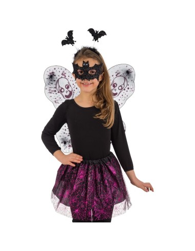 Set costume streghetta bambina con ali decorate, gonna fucsia tulle, cerchietto pipistrelli e maschera nera